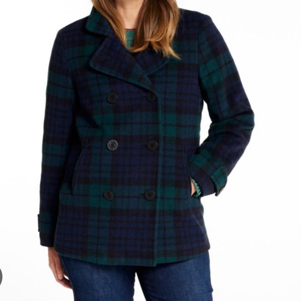 Women’s Old Navy Green/Black Plaid Warm  41% Wool Winter Pea Coat Sz S